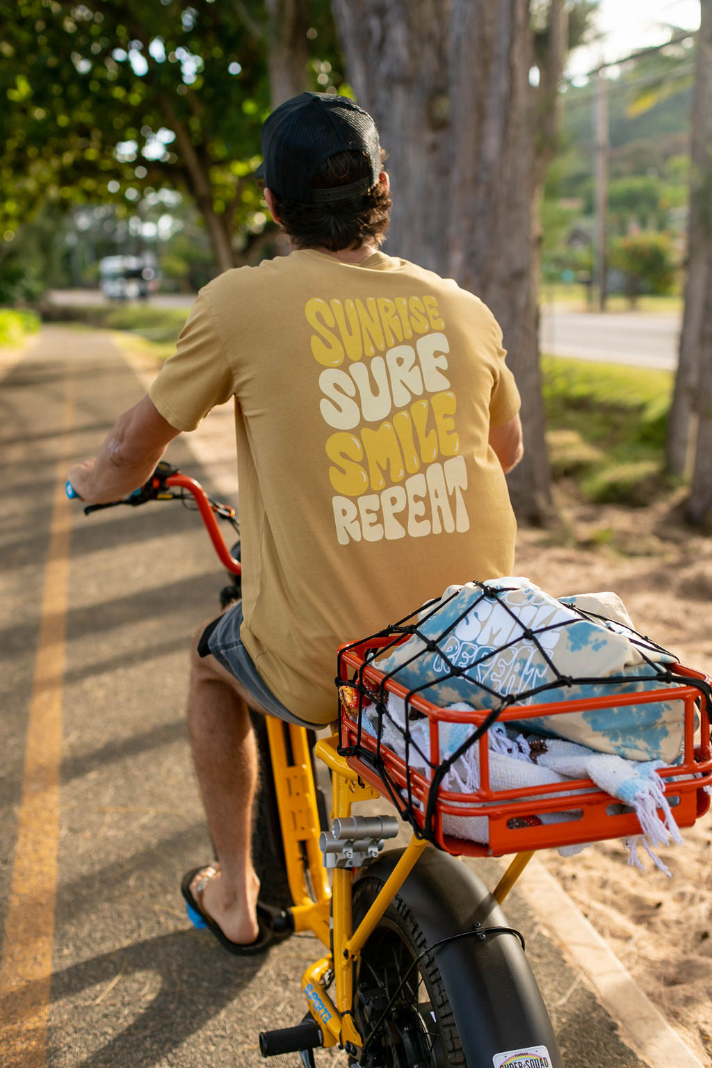 SUNRISE SURF SMILE REPEAT UNISEX T-SHIRT ☀️🏄🏽😀 FADED MUSTARD