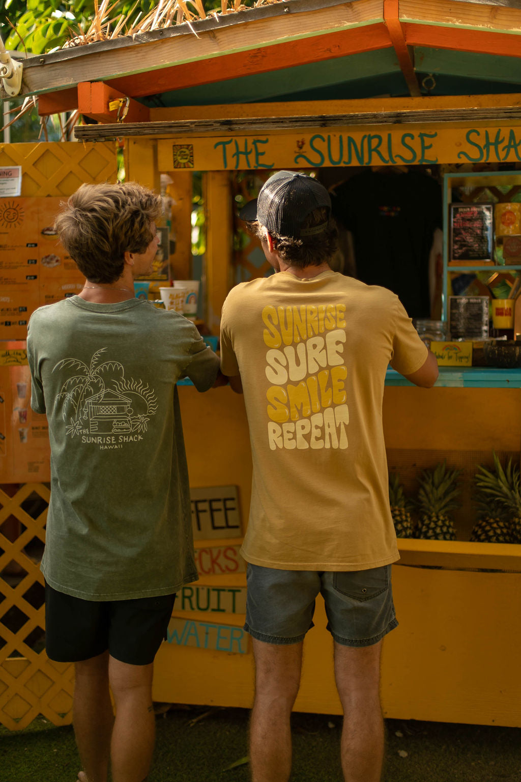 SUNRISE SURF SMILE REPEAT UNISEX T-SHIRT ☀️🏄🏽😀 FADED MUSTARD